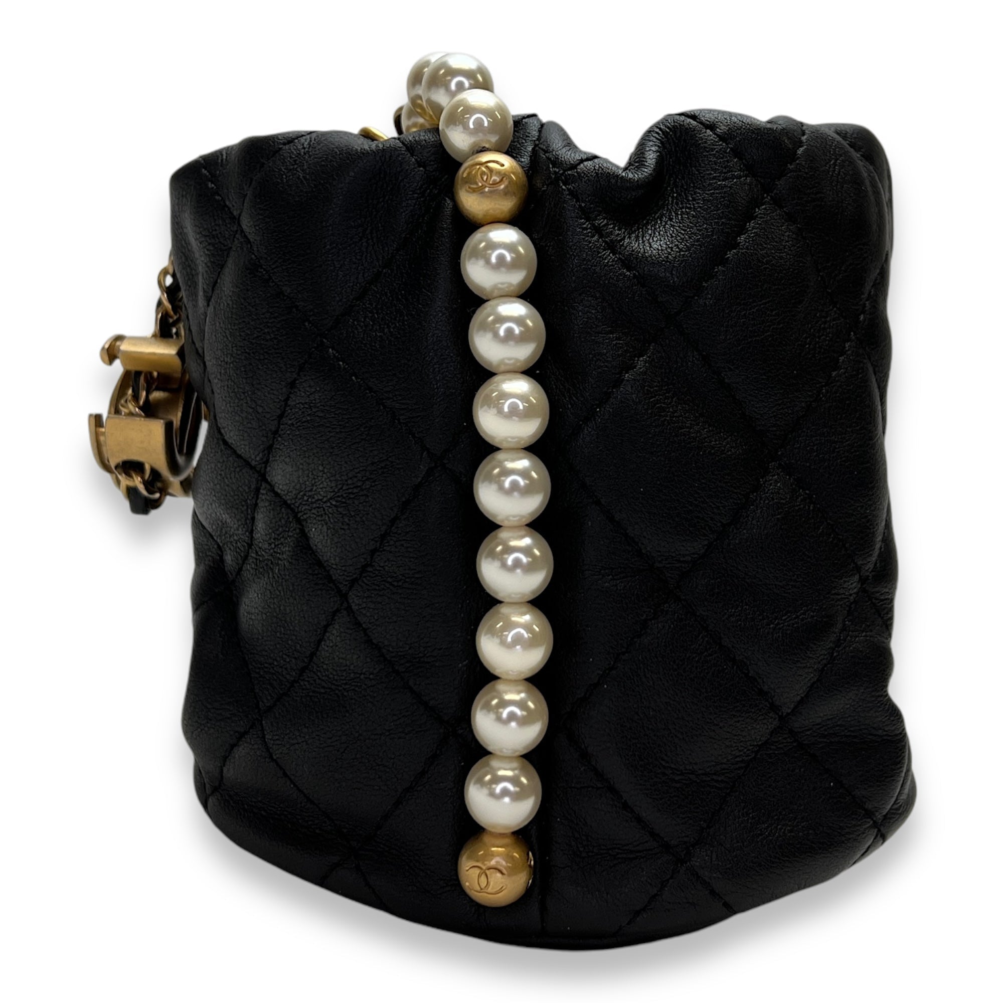 About Pearls Mini Black Bucket Bag in Calfskin, Gold hardware - Image 4