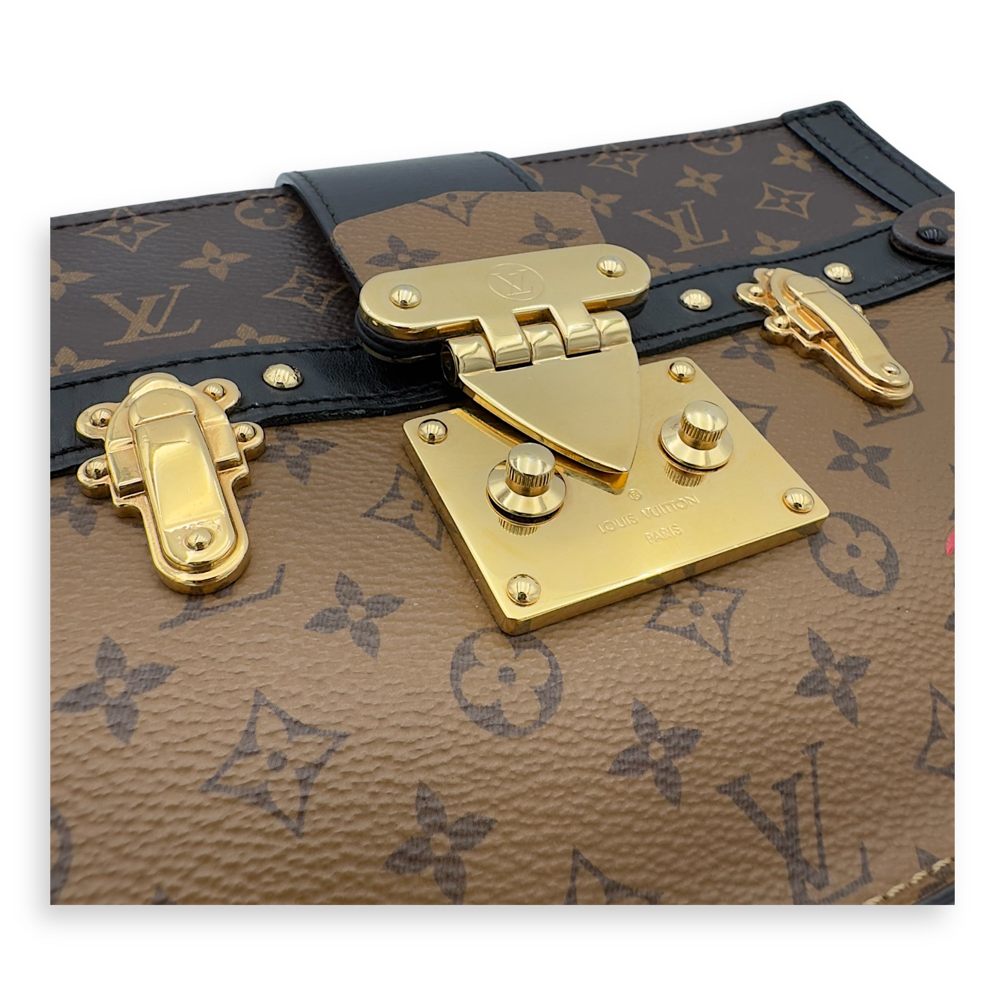 Trunk Clutch 2 Way Brown Crossbody Bag in Coated Canvas, Gold hardware - Image 17