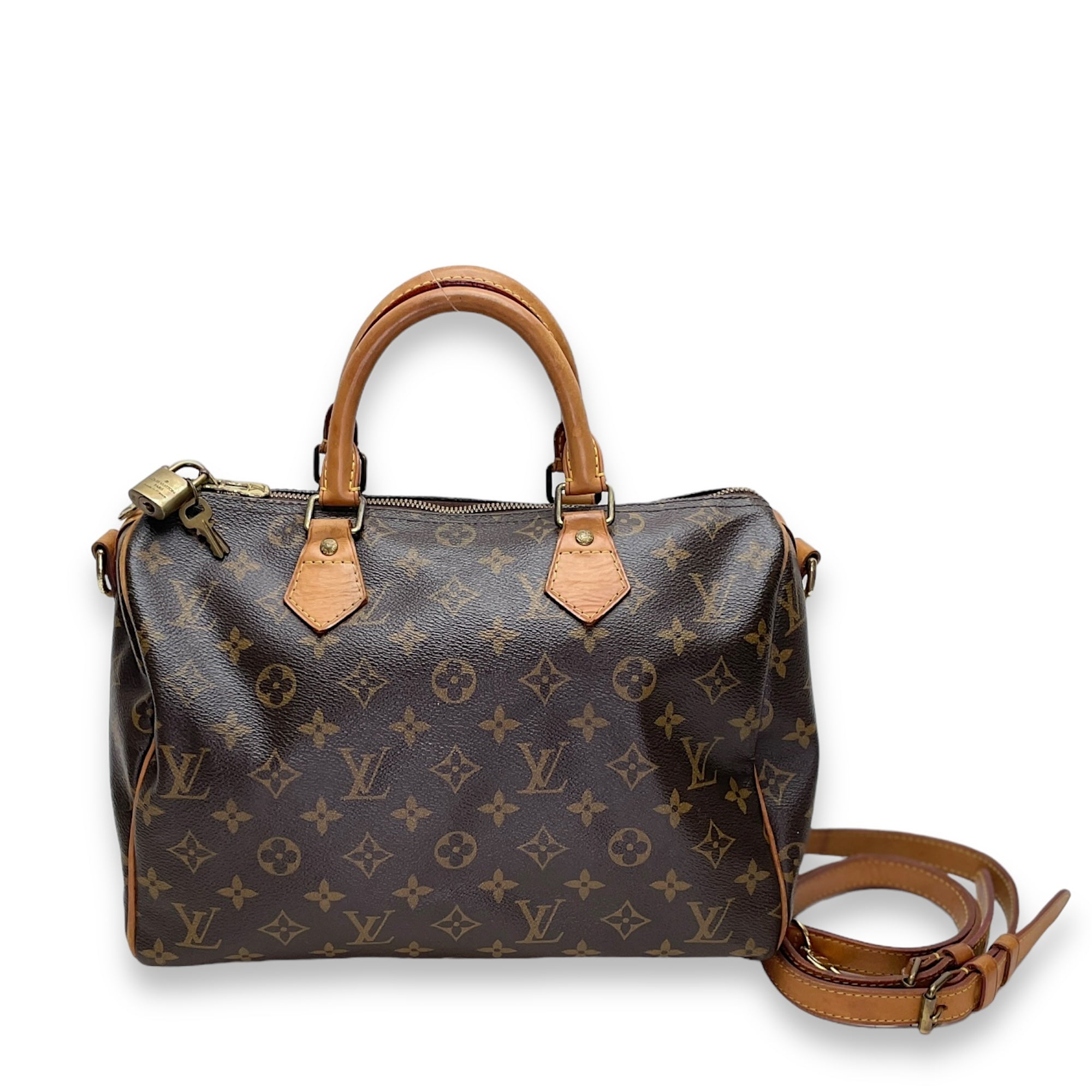 Speedy Bandouliere 30 Brown Top Handle Bag in Monogram Coated Canvas, Gold hardware