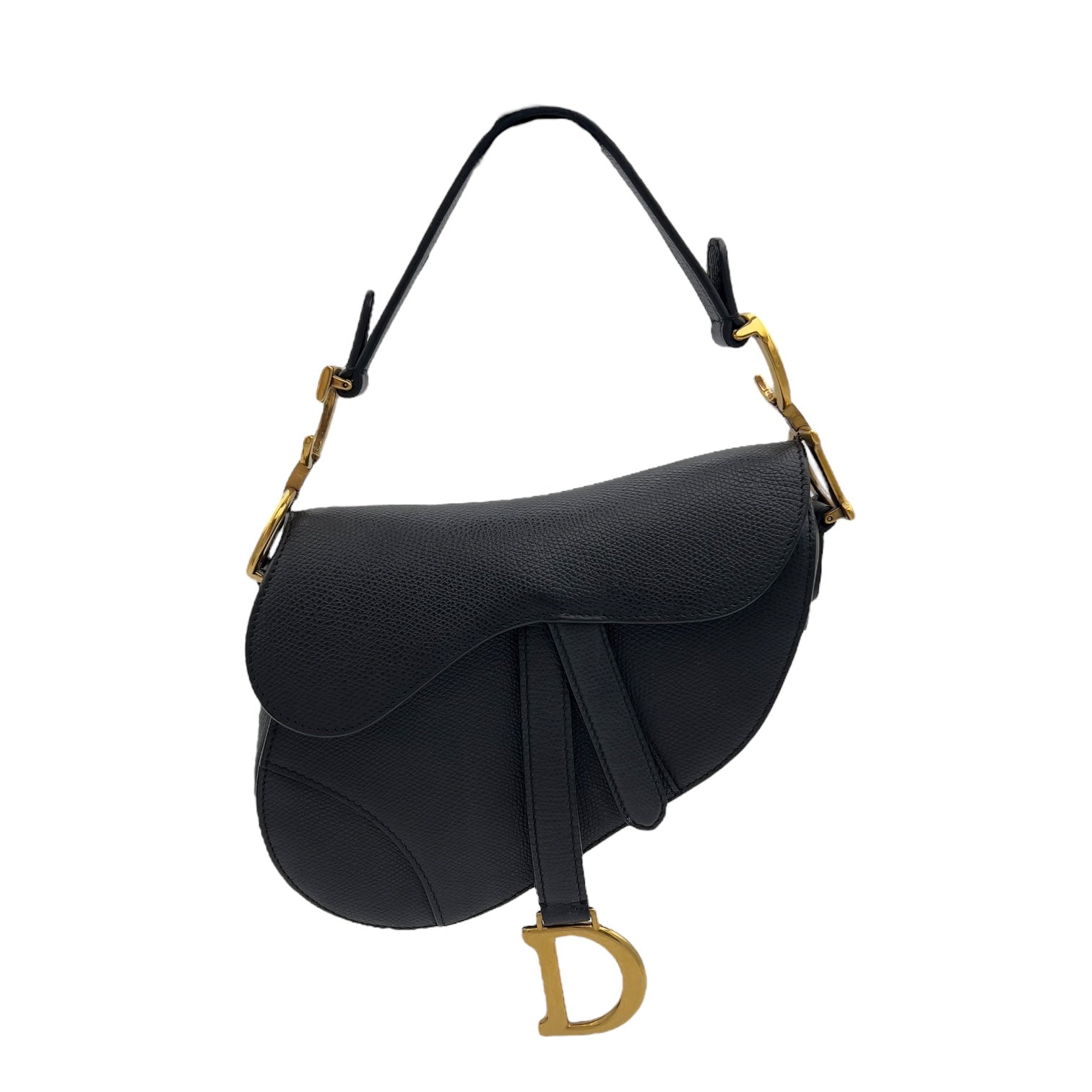 Saddle with Strap Mini Black Crossbody Bag in Calfskin, Brushed Gold hardware