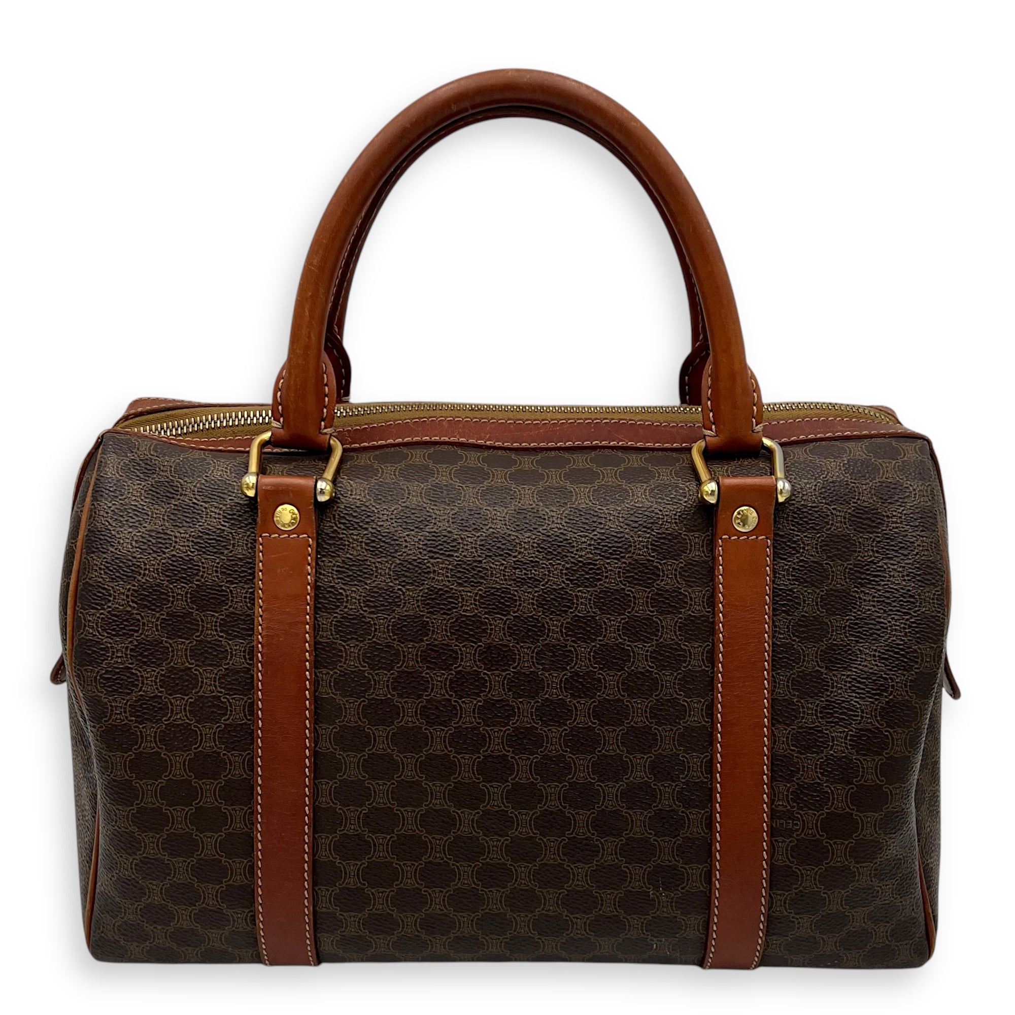 Macadam Boston Brown Top Handle Bag in Coated Canvas, Gold hardware