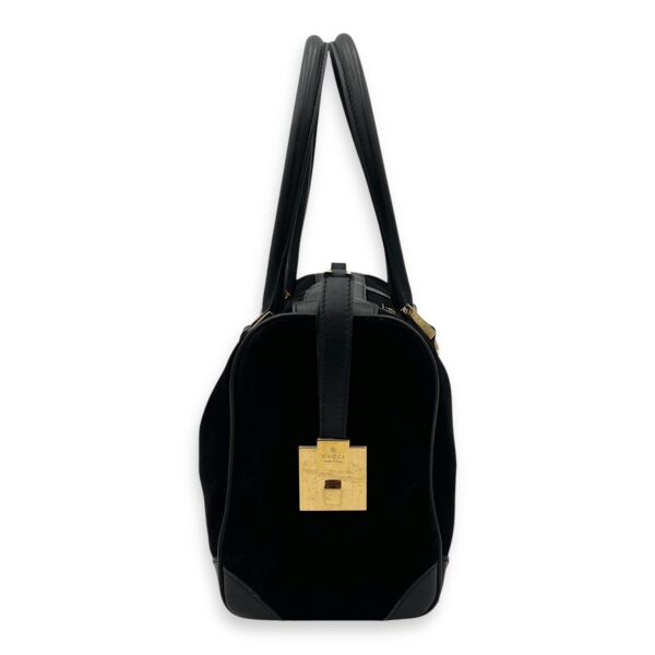 Boston Top Handle Bag Black in Suede Leather, Gold hardware - Image 4