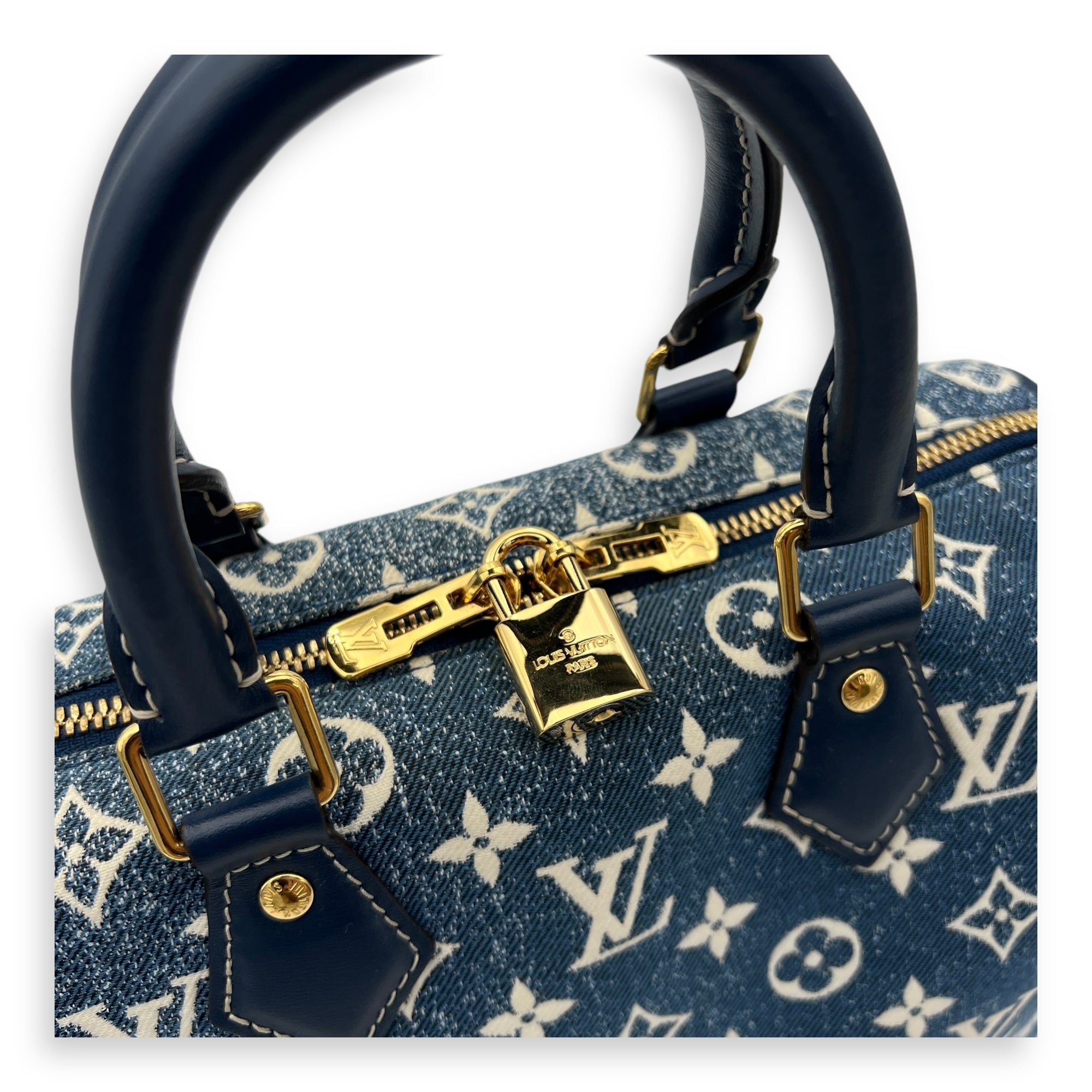 Speedy Top Handle Bag 30 Blue in Denim, Gold hardware - Image 7