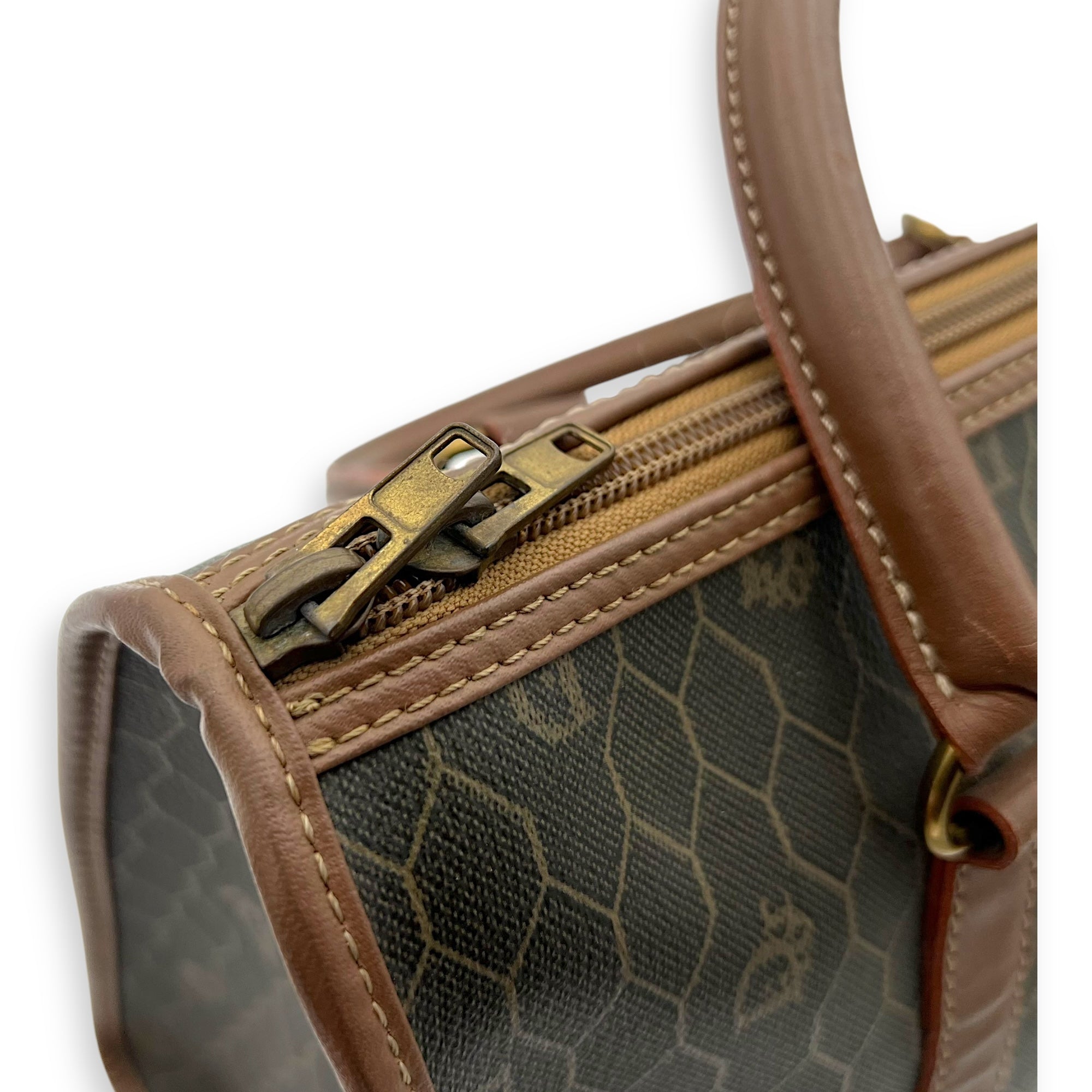 Honeycomb Top Handle Bag Brown in Coated Canvas, Gold hardware - Image 12