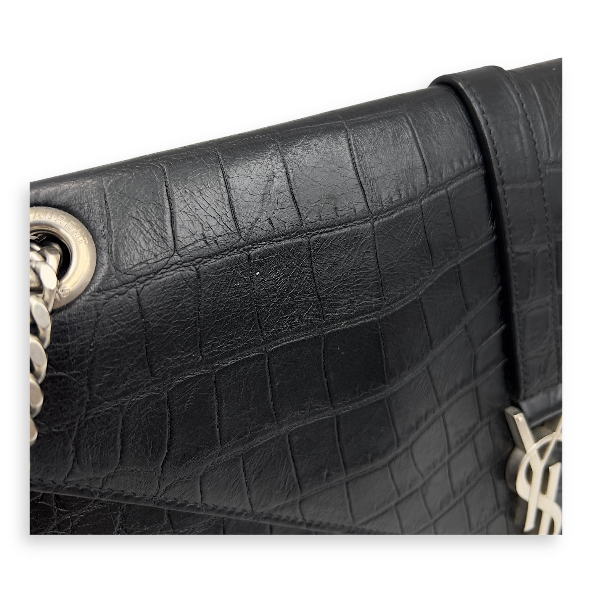 Envelope Shoulder Bag Black in Crocodile Embossed Calfskin, Silver hardware - Image 12